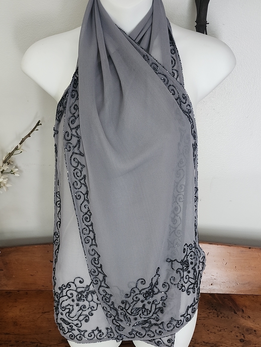 NWT August Max Gray Sheer Scarf with Black Beaded Detail Vintage